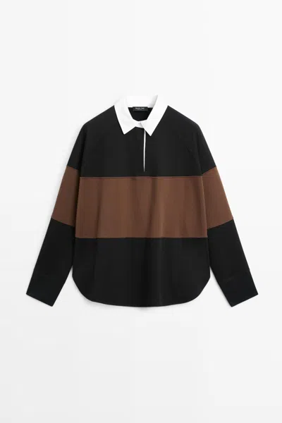 Massimo Dutti Polo 100 % Coton À Larges Rayures In Noir