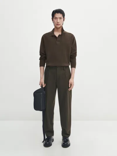 Massimo Dutti Punto-milano-strickpullover Mit Polo-kragen In Greyish Green