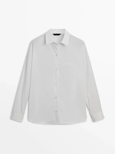 Massimo Dutti 100% Cotton Poplin Shirt With Pocket In White
