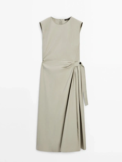 Massimo Dutti Poplin Dress With Knot Detail In Moss Green