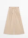 Massimo Dutti Poplin Palazzo Trousers With Contrast Button In Peach