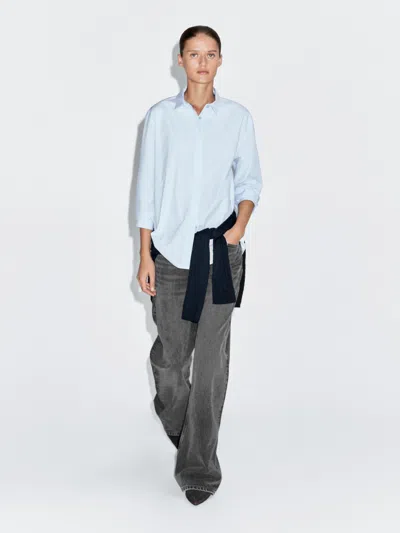 Massimo Dutti Poplin Shirt With Hidden Buttons In Blue