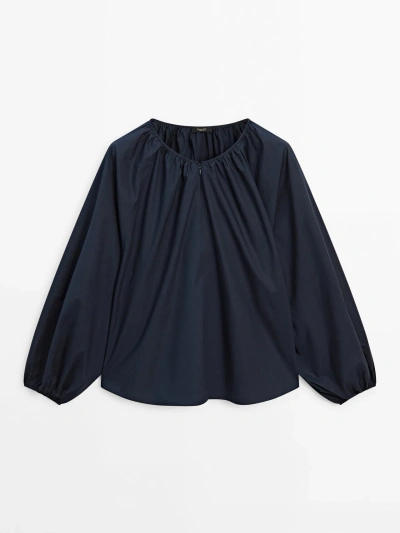 Massimo Dutti Poplin Shirt With Puff Sleeves In Navy Blue