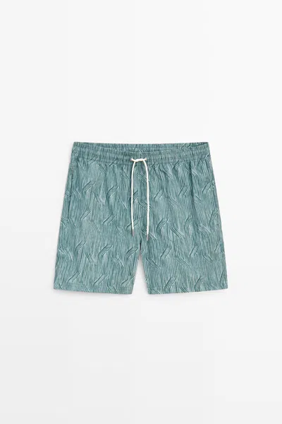Massimo Dutti Printed Swimming Trunks In Water Green