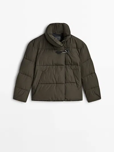 Massimo Dutti Puffer Jacket With Hook Detail In Khaki