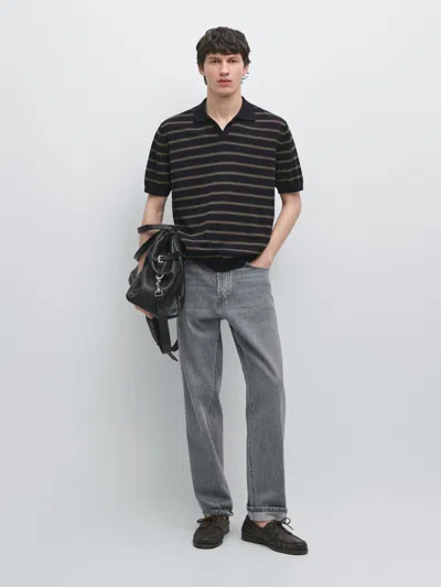 Massimo Dutti Pull Polo En Maille À Rayures Contrastées In Black