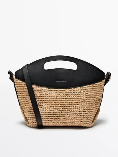 Massimo Dutti Raffia Crossbody Bag With Leather Strap In Black