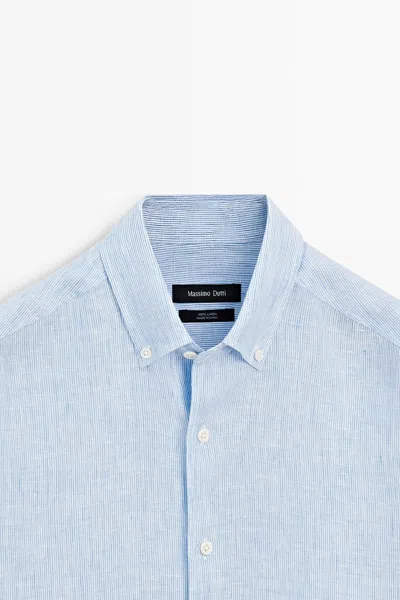 Massimo Dutti Regular Fit 100% Linen Pinstriped Shirt In Blue