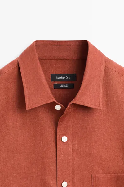Massimo Dutti Regular Fit 100% Linen Shirt With Pocket Detail In Brown