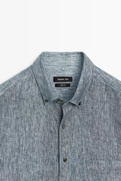 Massimo Dutti Regular Fit Melange Twill 100% Linen Shirt In Blue