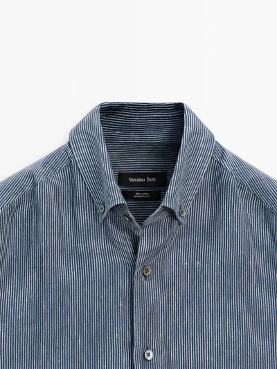 Massimo Dutti Regular Fit Pinstriped 100% Linen Shirt In Blue