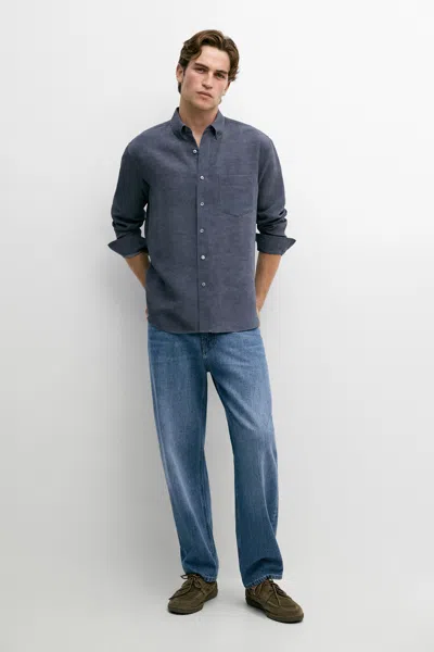 Massimo Dutti Regular Fit Shirt With Pocket Detail In Ink Blue
