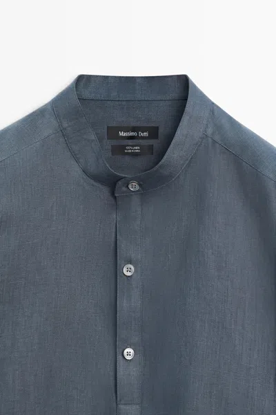 Massimo Dutti Regular Fit Stand Collar 100% Linen Shirt In Blue