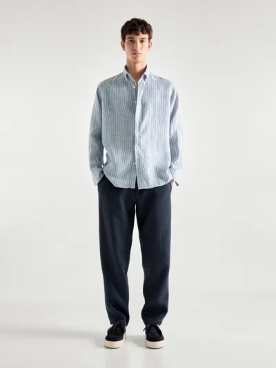 Massimo Dutti Regular-fit Striped 100% Linen Shirt In Blau