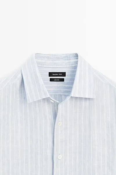 Massimo Dutti Regular Fit Striped 100% Linen Shirt In Blue
