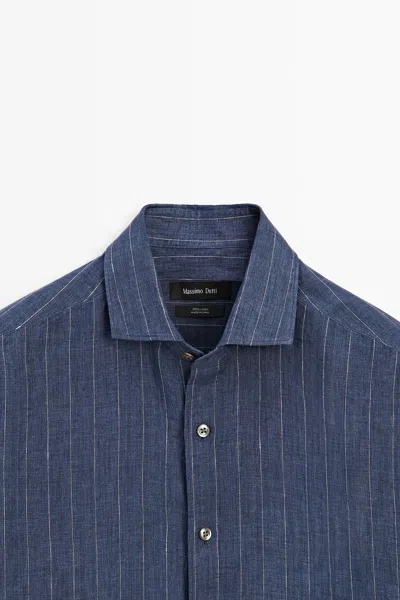 Massimo Dutti Regular Fit Striped Delave 100% Linen Shirt In Blue