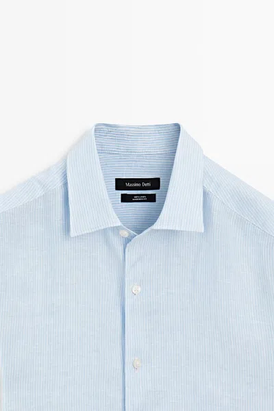 Massimo Dutti Regular Fit Striped Linen Melange Shirt In Blue