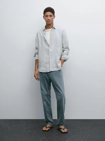 Massimo Dutti Regular Fit Striped Linen Shirt In Blue