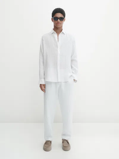 Massimo Dutti Leinenhemd Streifen Relaxed-fit In Marineblau