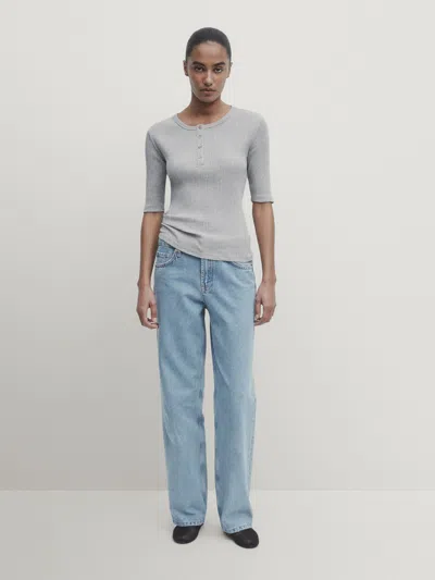 Massimo Dutti Geripptes Shirt Mit Rundausschnitt Mit Knopfleiste In Grey Marl