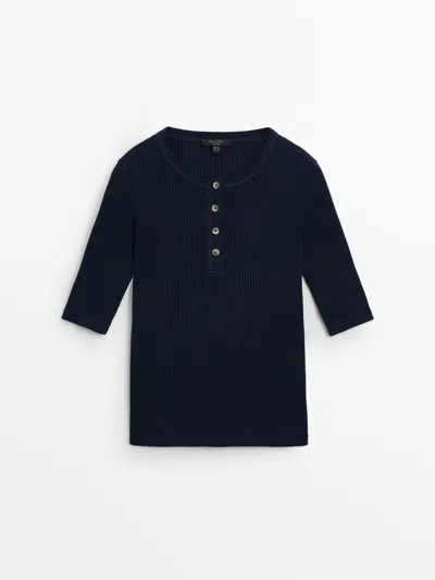 Massimo Dutti Ribbed Henley Collar T-shirt In Marineblau