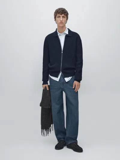 Massimo Dutti Ribbed Knit Cotton And Wool Cardigan With Zip In Blue