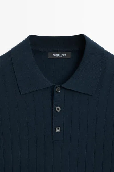 Massimo Dutti Ribbed Knit Cotton Blend Polo Shirt In Blue