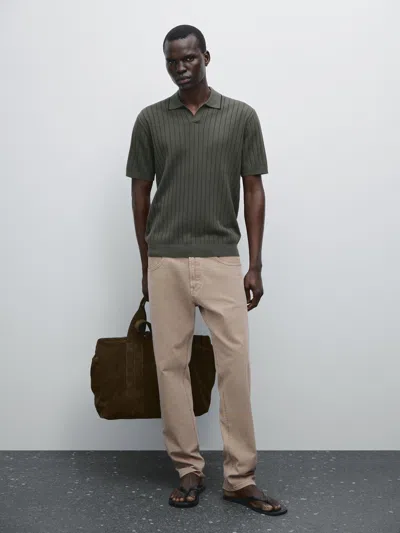 Massimo Dutti Ribbed Knit Polo Shirt In Green