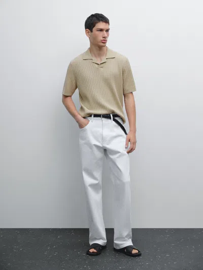 Massimo Dutti Ribbed Knit Short Sleeve Polo Shirt In White