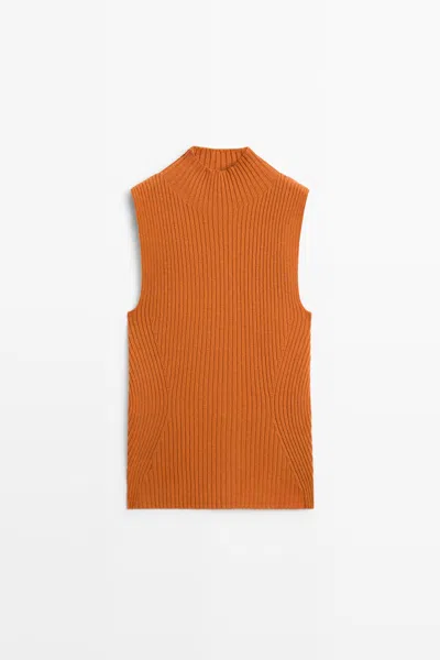 Massimo Dutti Ribbed Knit Turtleneck Top In Orange