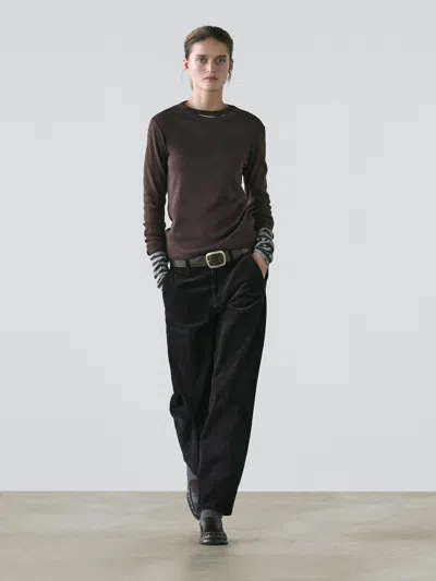 Massimo Dutti Ribbed Long Sleeve Melange T In Brown