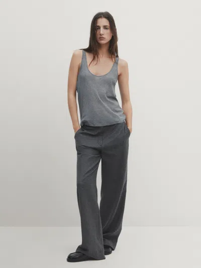 Massimo Dutti Ribbed Strappy Semi-sheer Top In Grau