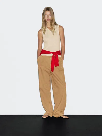 Massimo Dutti Ribbed Top With Collar Detail In Brown