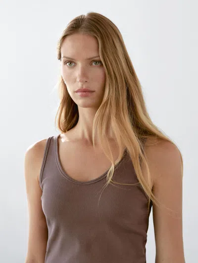 Massimo Dutti Ribbed Top With Neckline In Blue