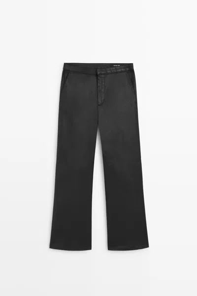 Massimo Dutti Rubberised Flared Cropped Pants In Preto