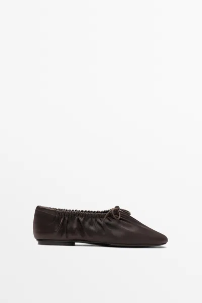 Massimo Dutti Ruched Bow Ballet Flats In Brown