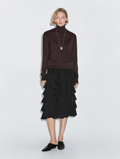 Massimo Dutti Ruffled Midi Skirt In Brown