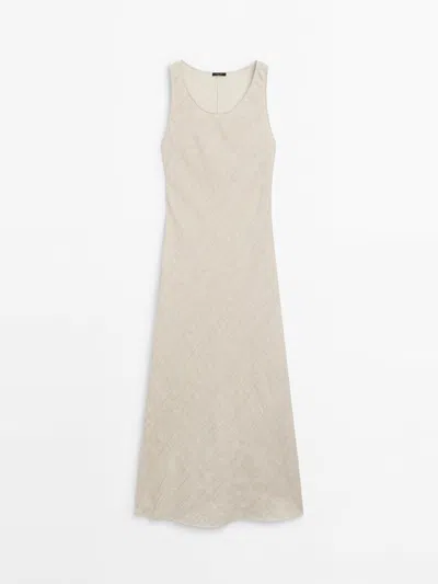 Massimo Dutti Rustic Dress With Frayed Detail In Cream