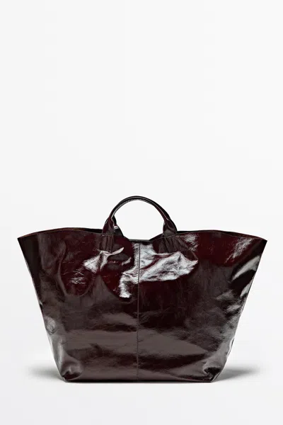 Massimo Dutti Saco Tote Maxi Em Pele Napa Craquelé In Chocolate