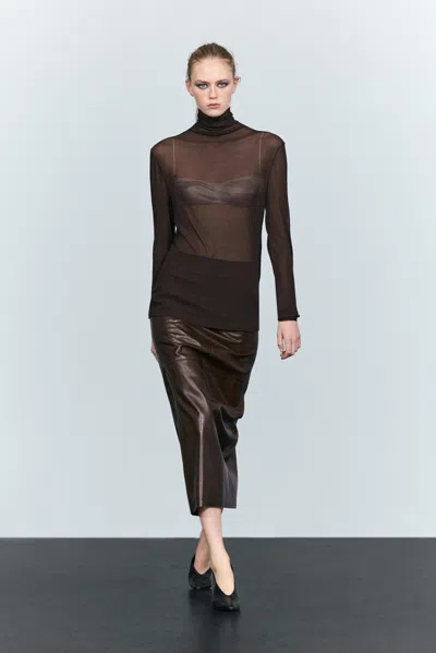 Massimo Dutti Saia Midi Reta Com Costuras Em Pele Napa In Brown