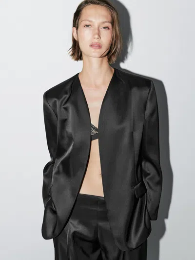 Massimo Dutti Satin Blazer With Scarf Detail In Black