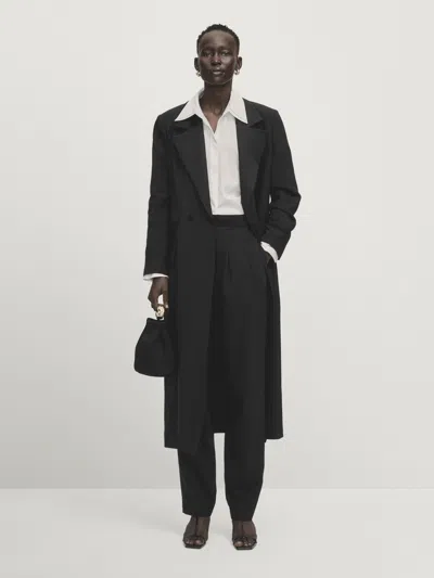 Massimo Dutti Satinierter Mantel Revers In Schwarz