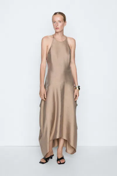 Massimo Dutti Robe Fluide Encolure Américaine Satinée In Marron