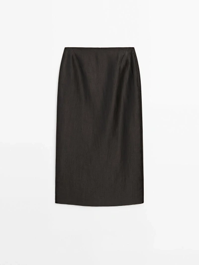 Massimo Dutti Satin Linen Blend Skirt In Black