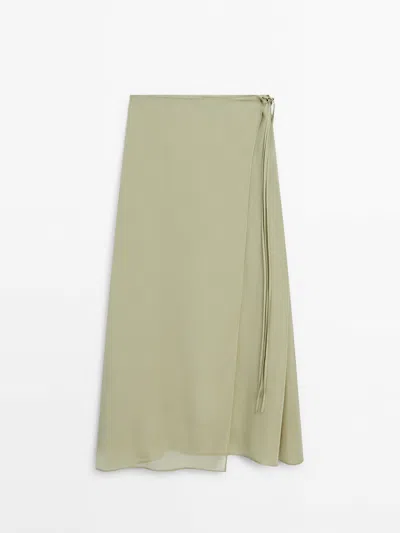 Massimo Dutti Satin Midi Pareo Skirt In Moss Green