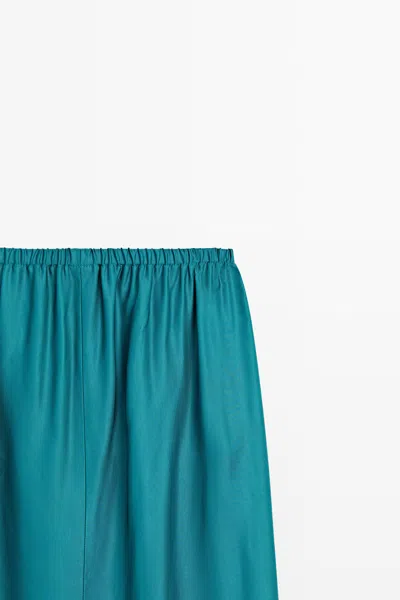 Massimo Dutti Satin Midi Skirt With Pockets In Blue