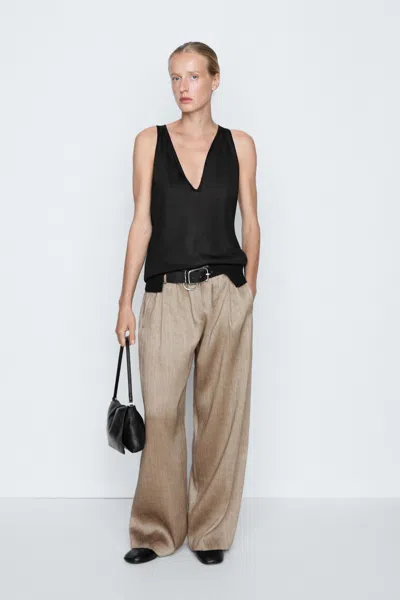 Massimo Dutti Satin Pleated Pants With Elastic Detail In Stone