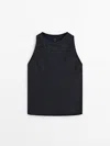 Massimo Dutti Satin Top With Ribbed Detail In Deep Blue