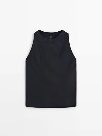 Massimo Dutti Satin Top With Ribbed Detail In Deep Blue