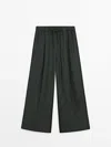 Massimo Dutti Satin Trousers With Elasticated Waistband And Double Hems In Moss